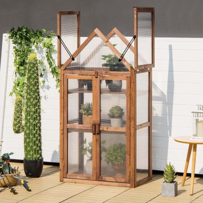 Cold Frame Greenhouse, Mini Wooden Greenhouse Raised Flower Planter Shelf w/Transparent Openable Roof, Double Doors & 3 Tier Shelves
