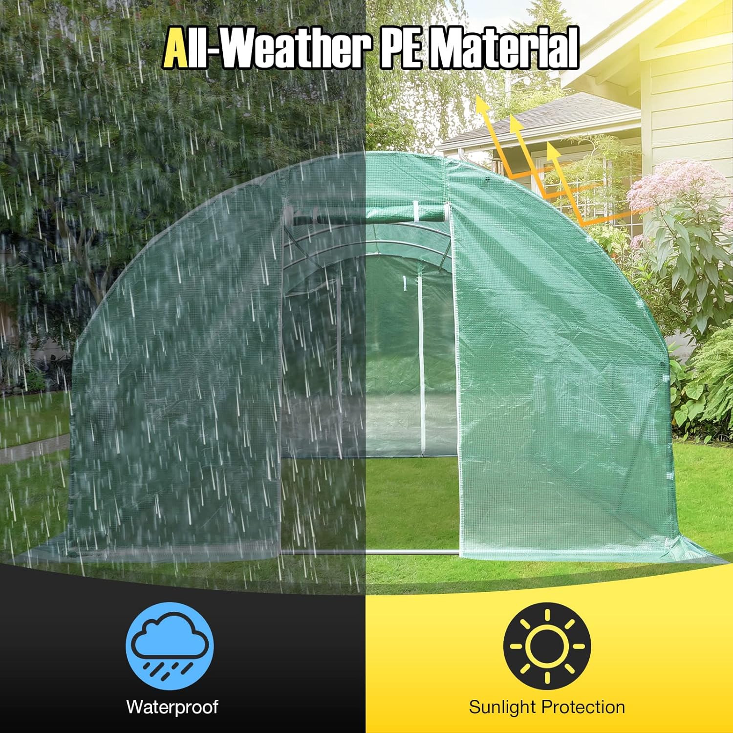 10 x 20 x 6.5 FT Large Walk-in Greenhouse Tunnel Plants Growing Tent with 2 Zippered Doors & 8 Roll-up Windows, Solid Metal Structure