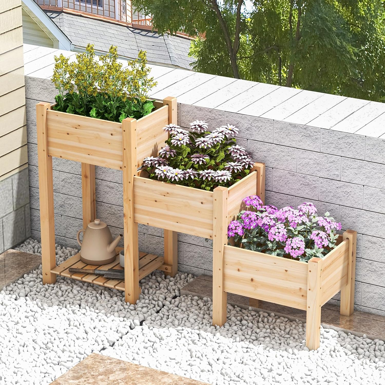 3-Tire Raised Garden Bed, Wooden Raised Planter Box with 3 Planter Boxes, Drainage Holes, Open Storage Shelf, Outdoor Garden Bed with Legs for Plant, Fruit, Vegetable, Flower, Herb