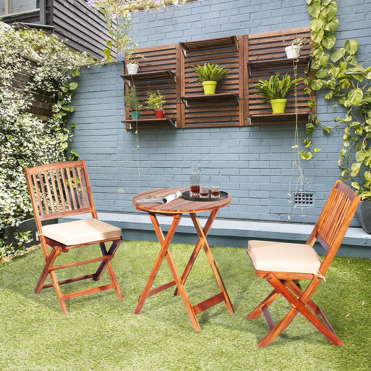 3 Pieces Patio Bistro Set Table & Chair with Cushions Foldable Wooden Furniture Chairs and Coffee Table for Outdoor Balcony Garden Backyard