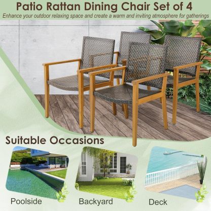Patio Dining Chair Set of 4, Outdoor Rattan PE Wicker Dining Chairs with Sturdy Acacia Wood Frame, Ergonomic Curved Seat, Outside Rattan Armchairs for Balcony Porch Poolside