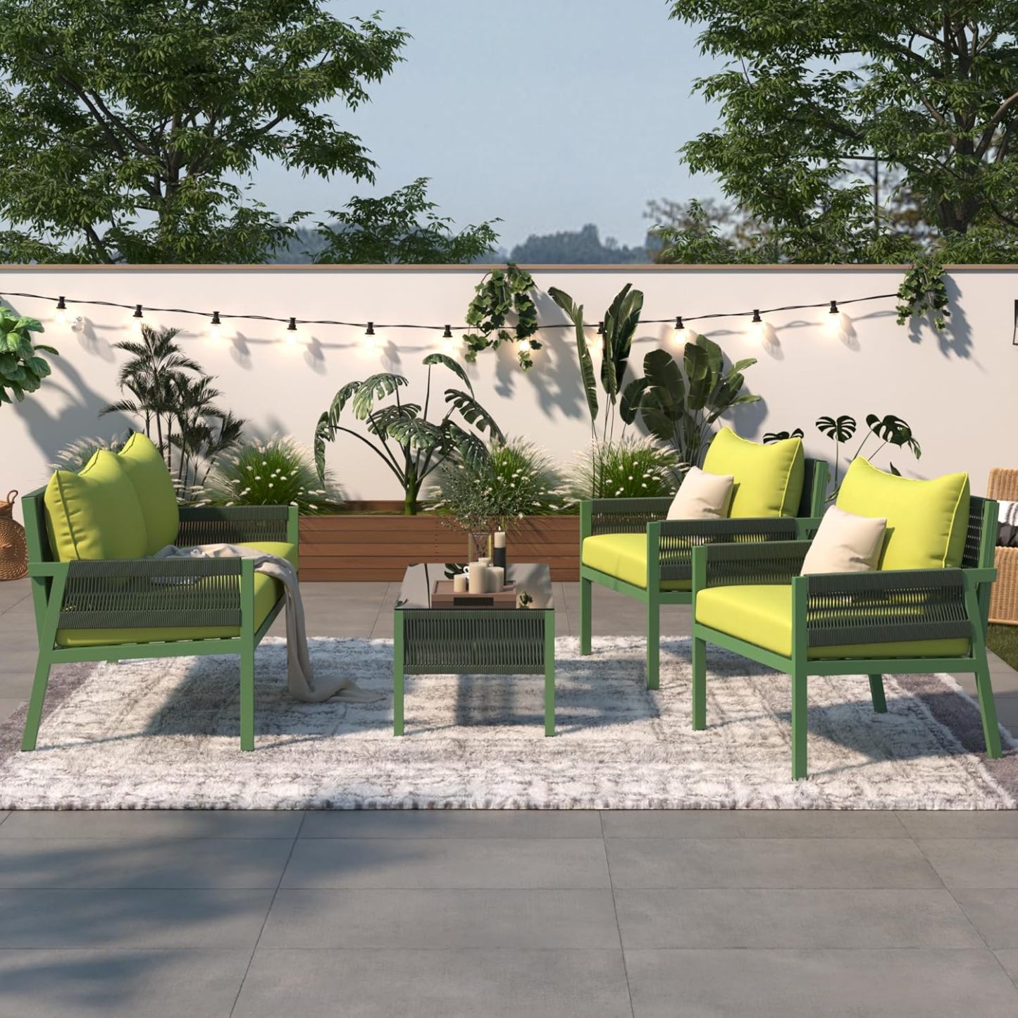 4-Piece Outdoor Patio Furniture Set - Outdoor Rope Furniture with Tempered Glass Table, Patio Conversation Set Deep Seating with Thick Cushion for Backyard Porch Balcony (Green)