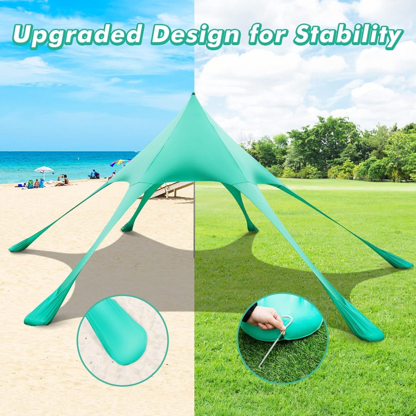 Beach Canopy Sun Shelter with Aluminum Pole, 20 FT x 20 FT, UPF 50+ Pop Up Tent with Sandbag, Tent Pegs, Sand Shovel, Carry Bag, Portable Outdoor Sunshade