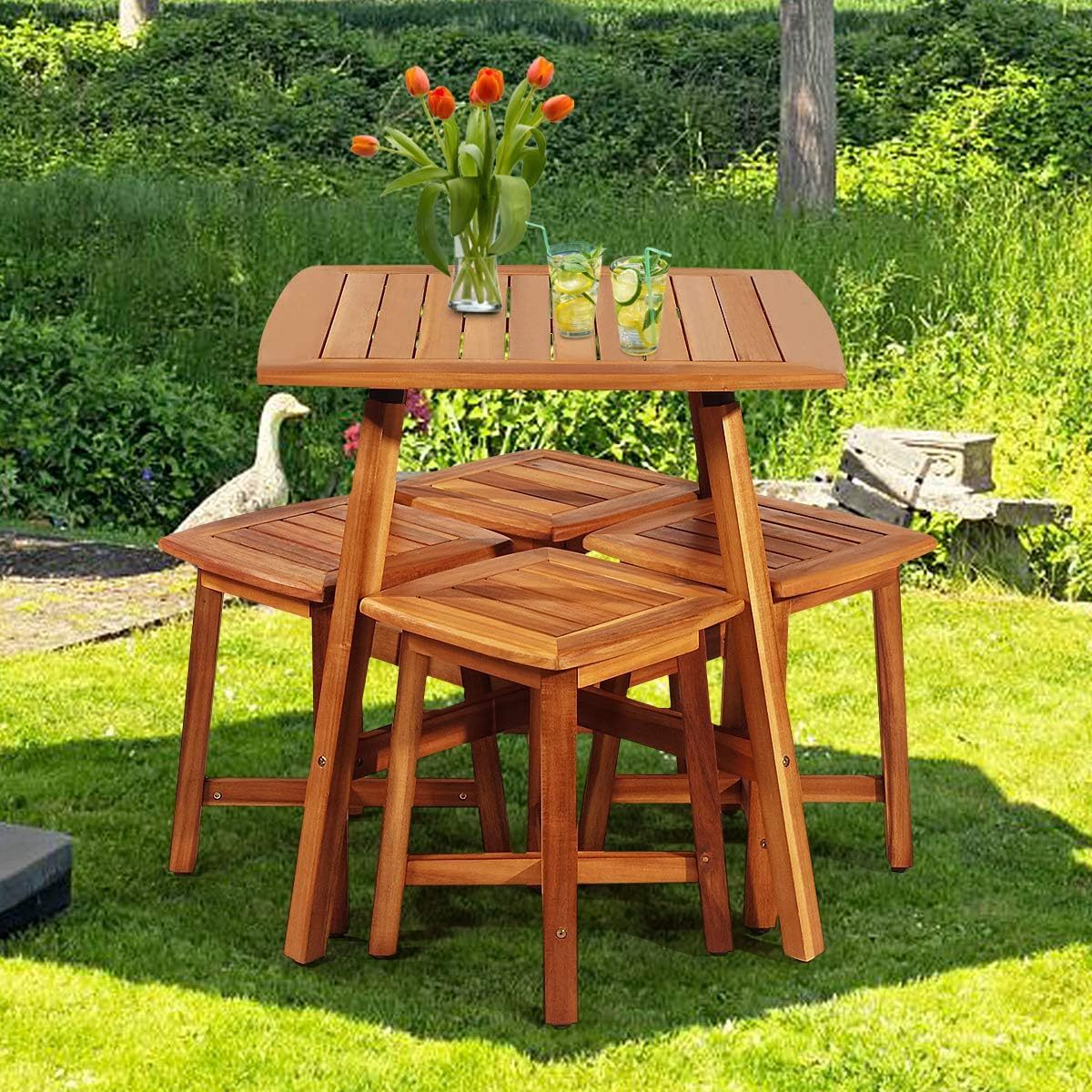 5 Pieces Wooden Patio Dining Set, Outdoor Acacia Wood Dining Furniture Set with 4 Stools, Wood Table and Armless Chairs for Garden Porch Backyard Balcony Poolside