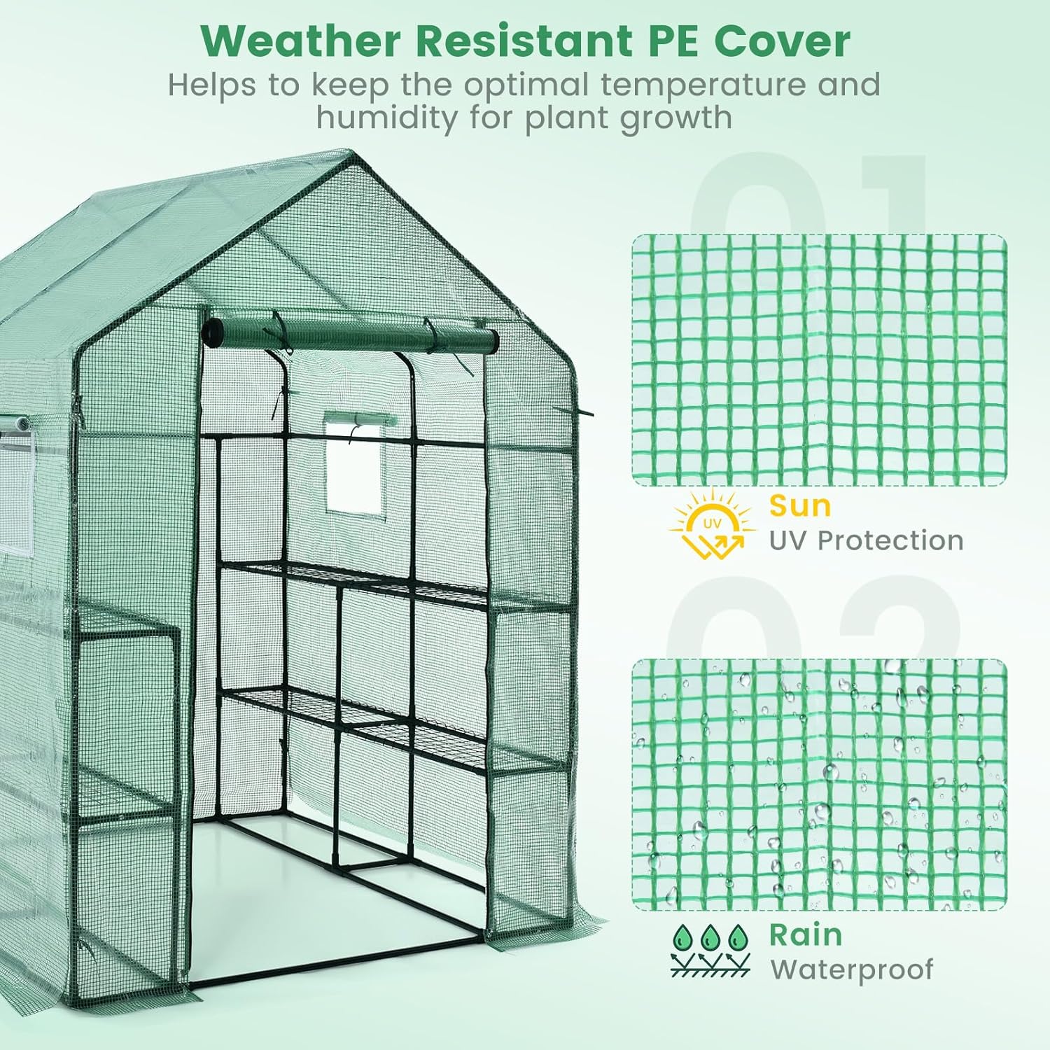 Walk-in Greenhouse, Portable Greenhouses for Outdoors w/8 Shelves, Roll-Up Zippered Door, 2 Observation Windows & 2 Tiers, Weather-Proof PE Cover