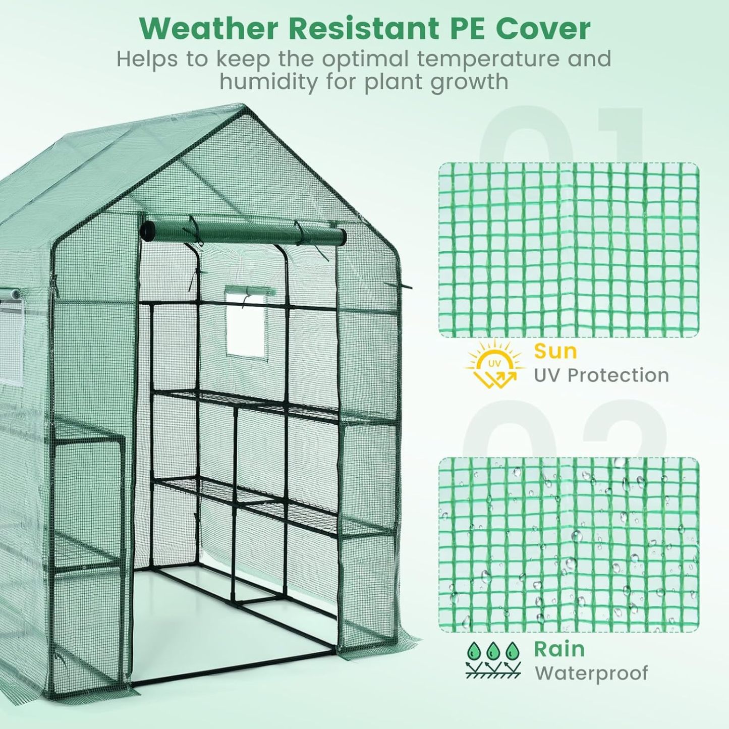 Walk-in Greenhouse, Portable Greenhouses for Outdoors w/8 Shelves, Roll-Up Zippered Door, 2 Observation Windows & 2 Tiers, Weather-Proof PE Cover