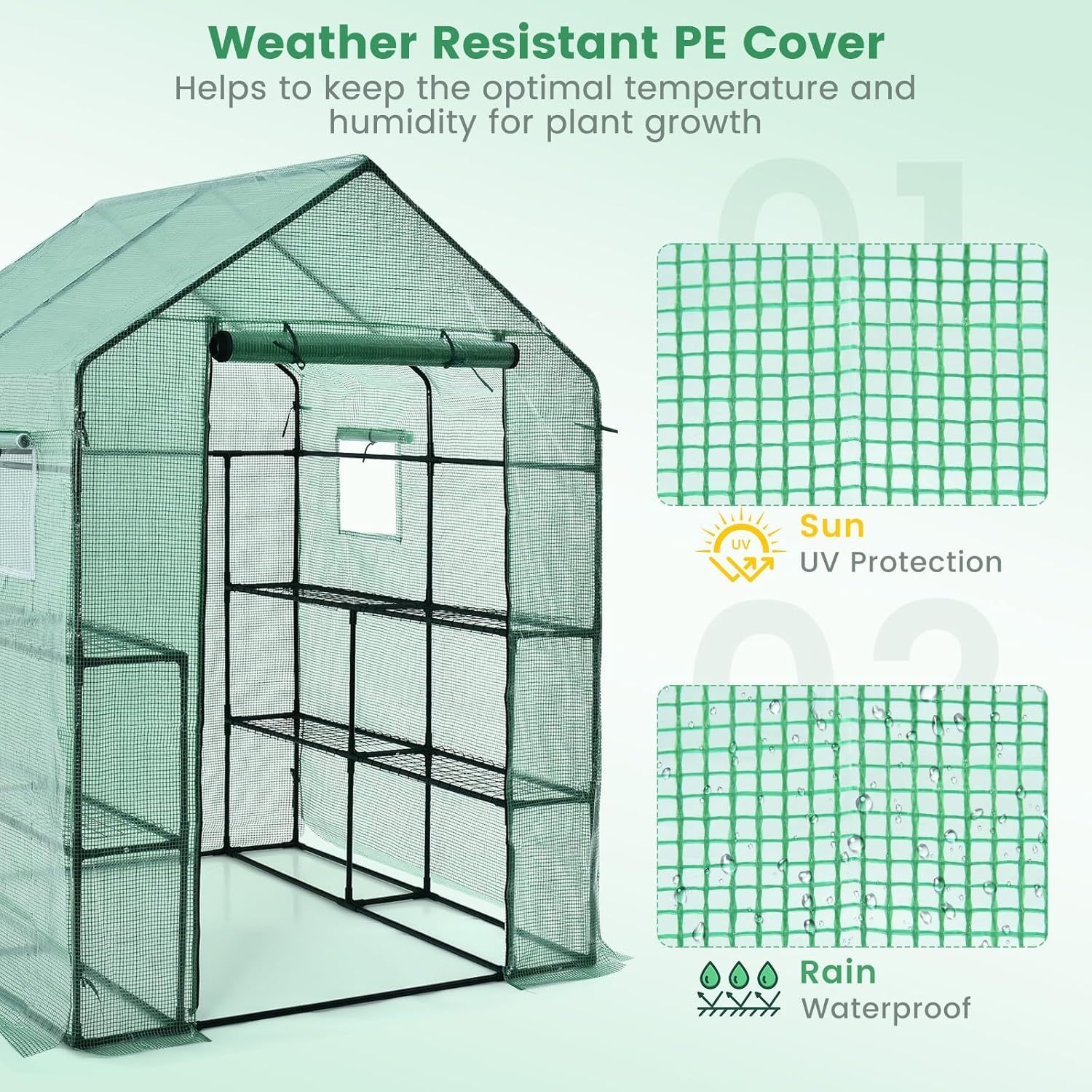Walk-in Greenhouse, Portable Greenhouses for Outdoors w/8 Shelves, Roll-Up Zippered Door, 2 Observation Windows & 2 Tiers, Weather-Proof PE Cover