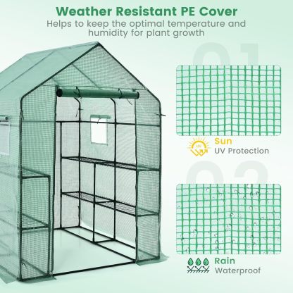 Walk-in Greenhouse, Portable Greenhouses for Outdoors w/8 Shelves, Roll-Up Zippered Door, 2 Observation Windows & 2 Tiers, Weather-Proof PE Cover