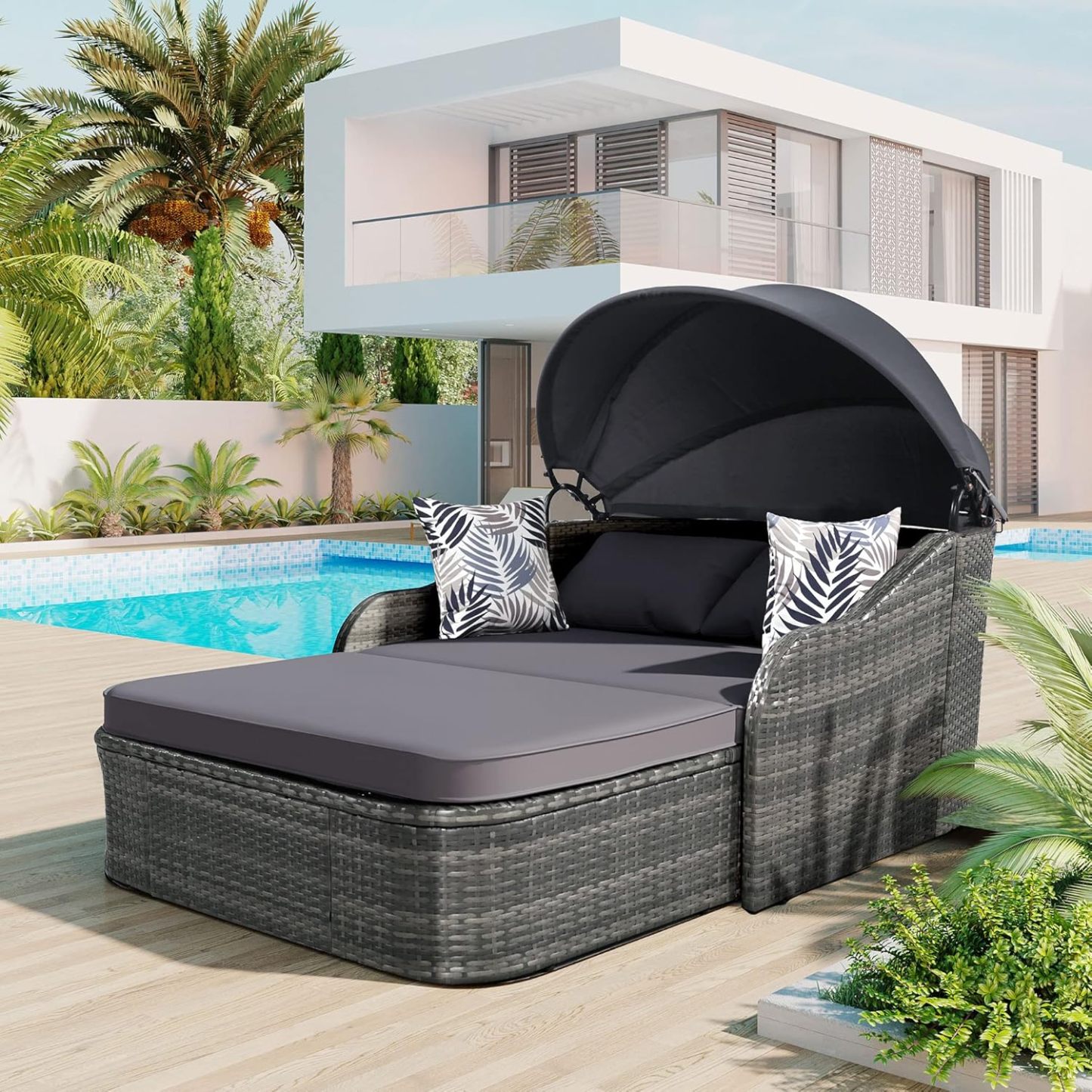 79.9" Outdoor Sunbed Rattan Daybed - PE Wicker Daybed Patio Loveseat Sofa Set with Retractable Canopy Double Lounge