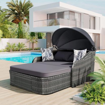 79.9" Outdoor Sunbed Rattan Daybed - PE Wicker Daybed Patio Loveseat Sofa Set with Retractable Canopy Double Lounge