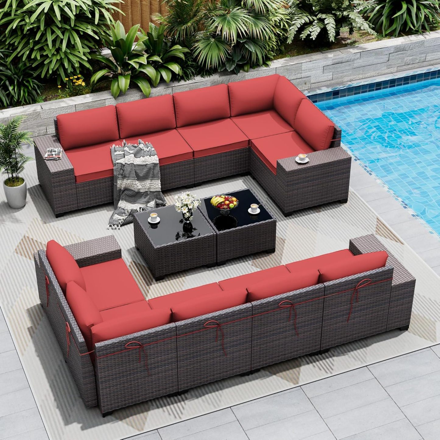 12 Pieces Outdoor Sectional Furniture High Backrest Patio Sofa, All-Weather PE Rattan Patio Conversation Set