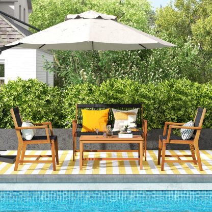 4 Pieces Patio Furniture Set Acacia Wood Conversation Set with Hand-Woven Rope Design, Ergonomic Loveseat & Single Chairs