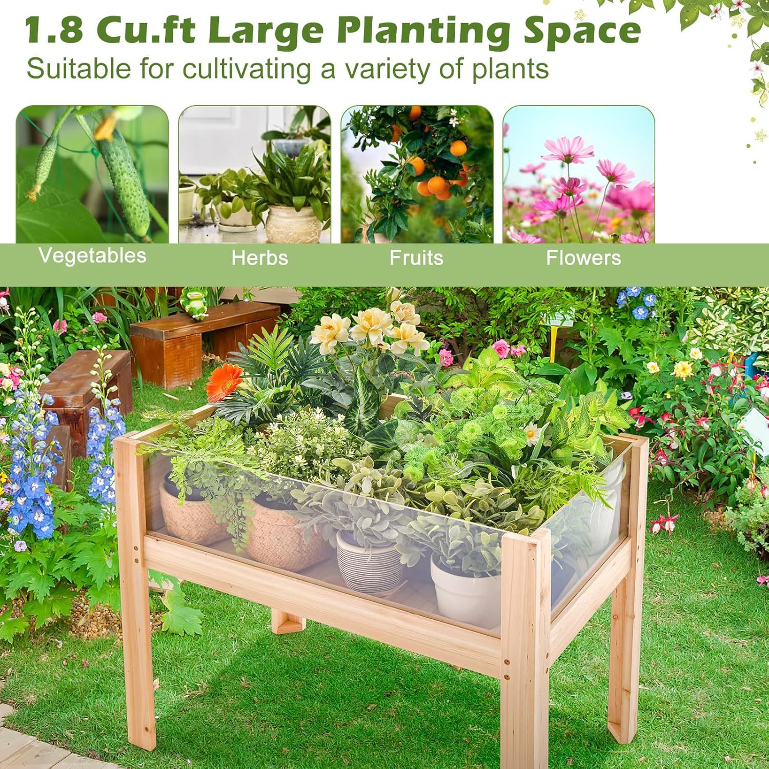 Raised Garden Bed with Legs, 24” Elevated Planter Box with 2 Acrylic Panel Sides, Drain Holes, Movable Beds, Plant Terrarium w/Stand