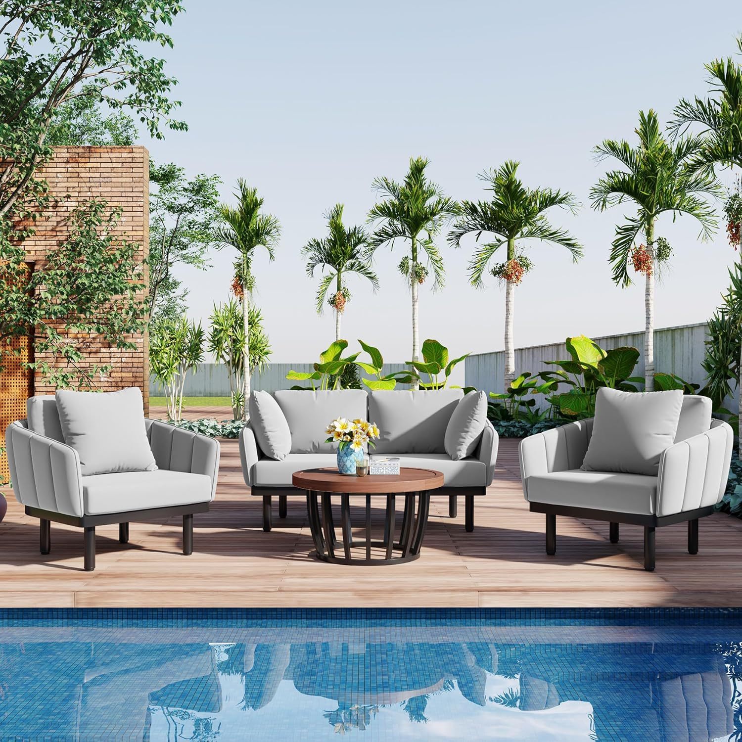 Luxury Outdoor Patio Sofa Set - 4-Piece Modern Iron Frame Conversation Set Patio Chat Set Outdoor Sofa Couch Set with Coffee Table