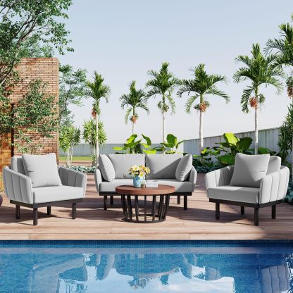 Luxury Outdoor Patio Sofa Set - 4-Piece Modern Iron Frame Conversation Set Patio Chat Set Outdoor Sofa Couch Set with Coffee Table