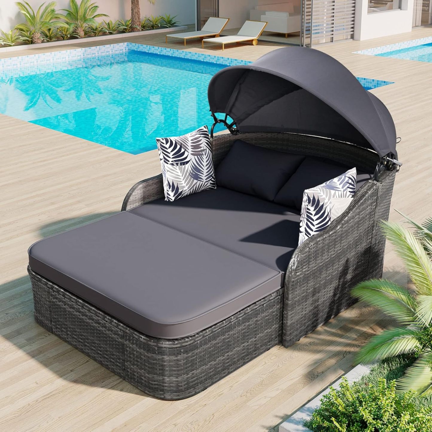 79.9" Outdoor Sunbed Rattan Daybed - PE Wicker Daybed Patio Loveseat Sofa Set with Retractable Canopy Double Lounge
