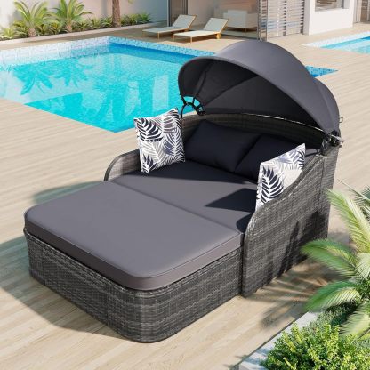 79.9" Outdoor Sunbed Rattan Daybed - PE Wicker Daybed Patio Loveseat Sofa Set with Retractable Canopy Double Lounge