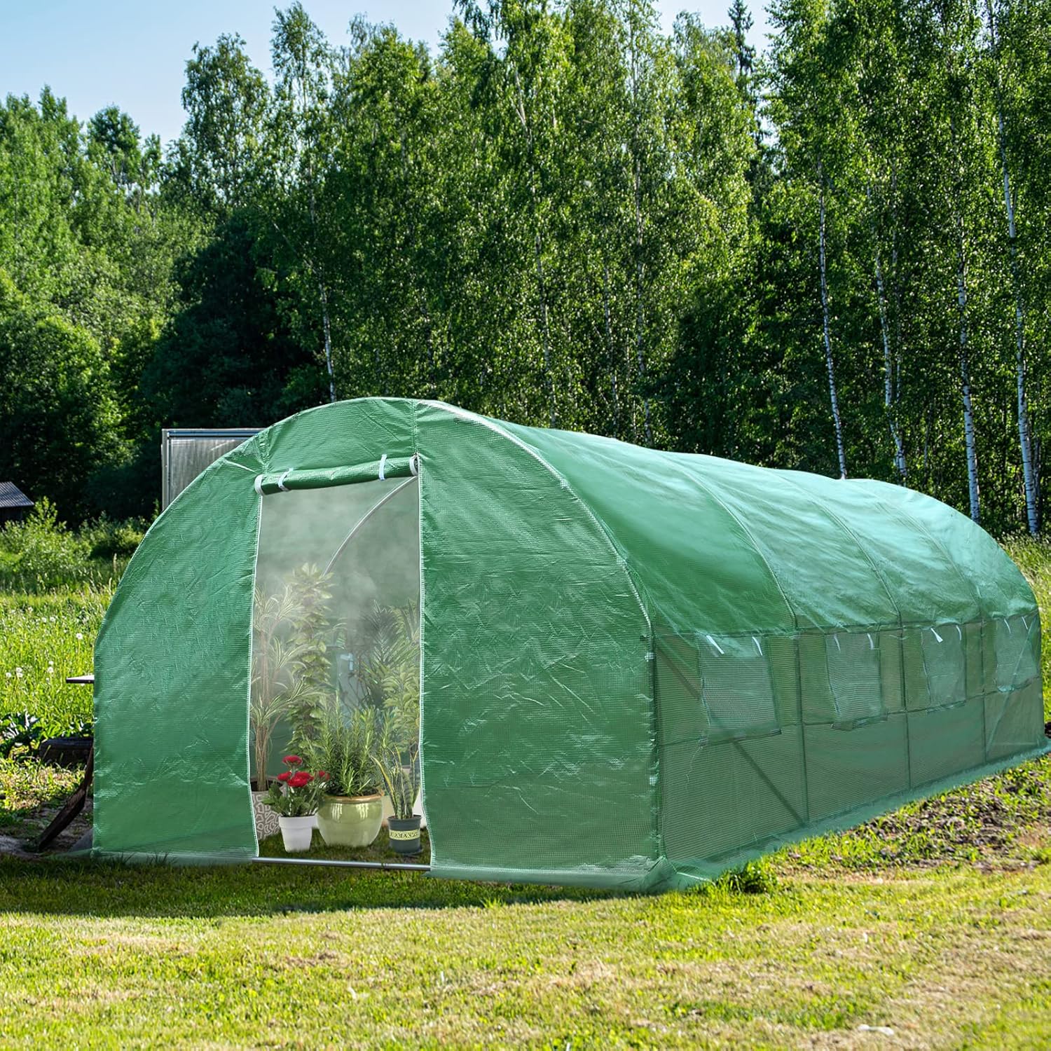 10 x 20 x 6.5 FT Large Walk-in Greenhouse Tunnel Plants Growing Tent with 2 Zippered Doors & 8 Roll-up Windows, Solid Metal Structure