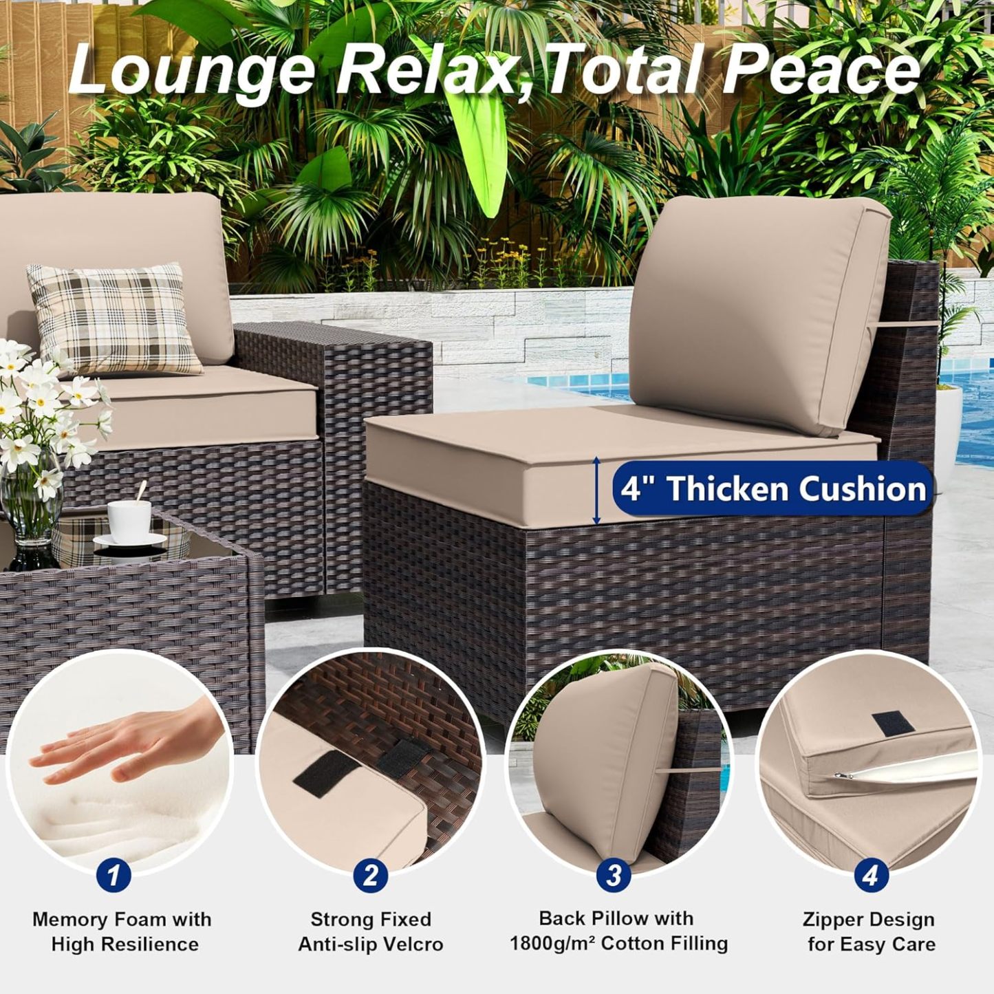 6 Pieces Outdoor Sectional Furniture High Backrest Patio Sofa, All-Weather PE Rattan Patio Conversation Set