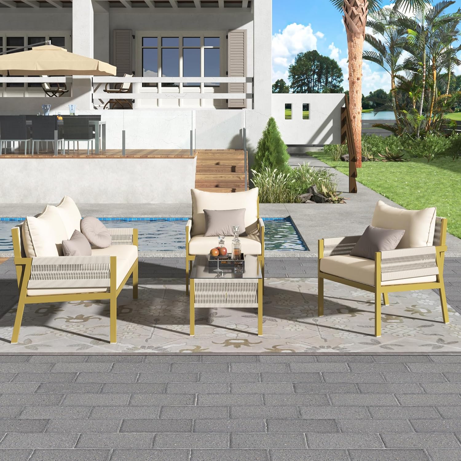 4-Piece Outdoor Patio Furniture Set - Outdoor Rope Furniture with Tempered Glass Table, Patio Conversation Set Deep Seating with Thick Cushion