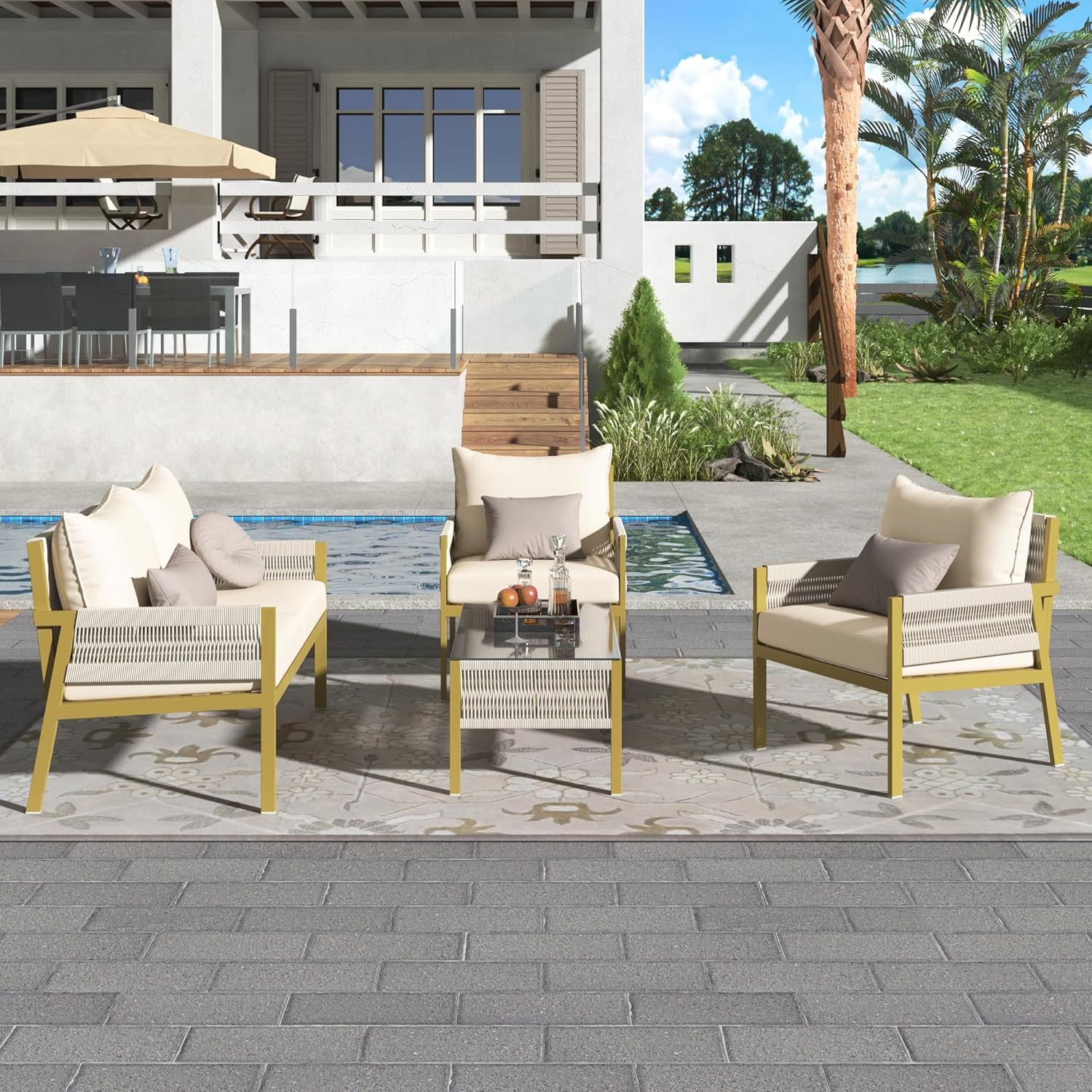 4-Piece Outdoor Patio Furniture Set - Outdoor Rope Furniture with Tempered Glass Table, Patio Conversation Set Deep Seating with Thick Cushion