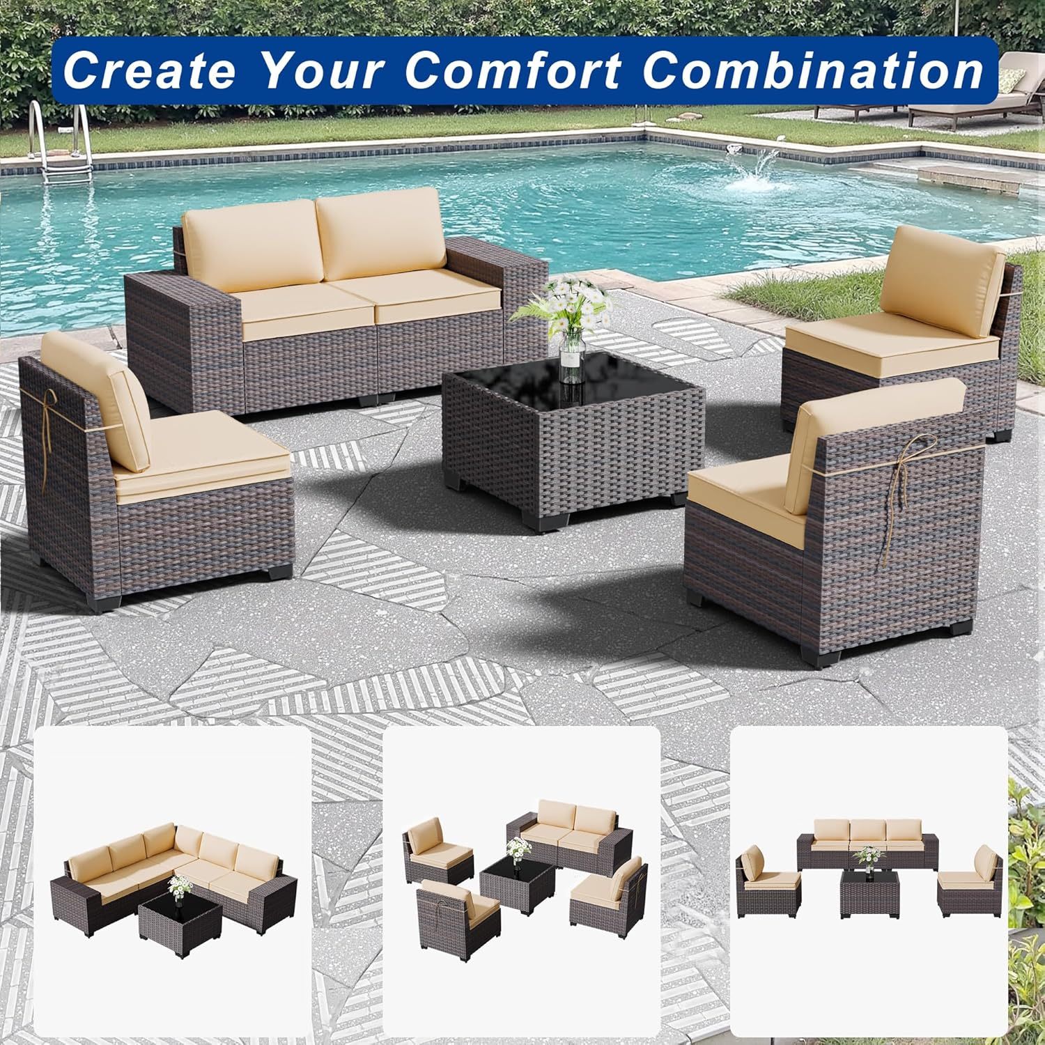 6 Pieces Outdoor Sectional Furniture High Backrest Patio Sofa, All-Weather PE Rattan Patio Conversation Set
