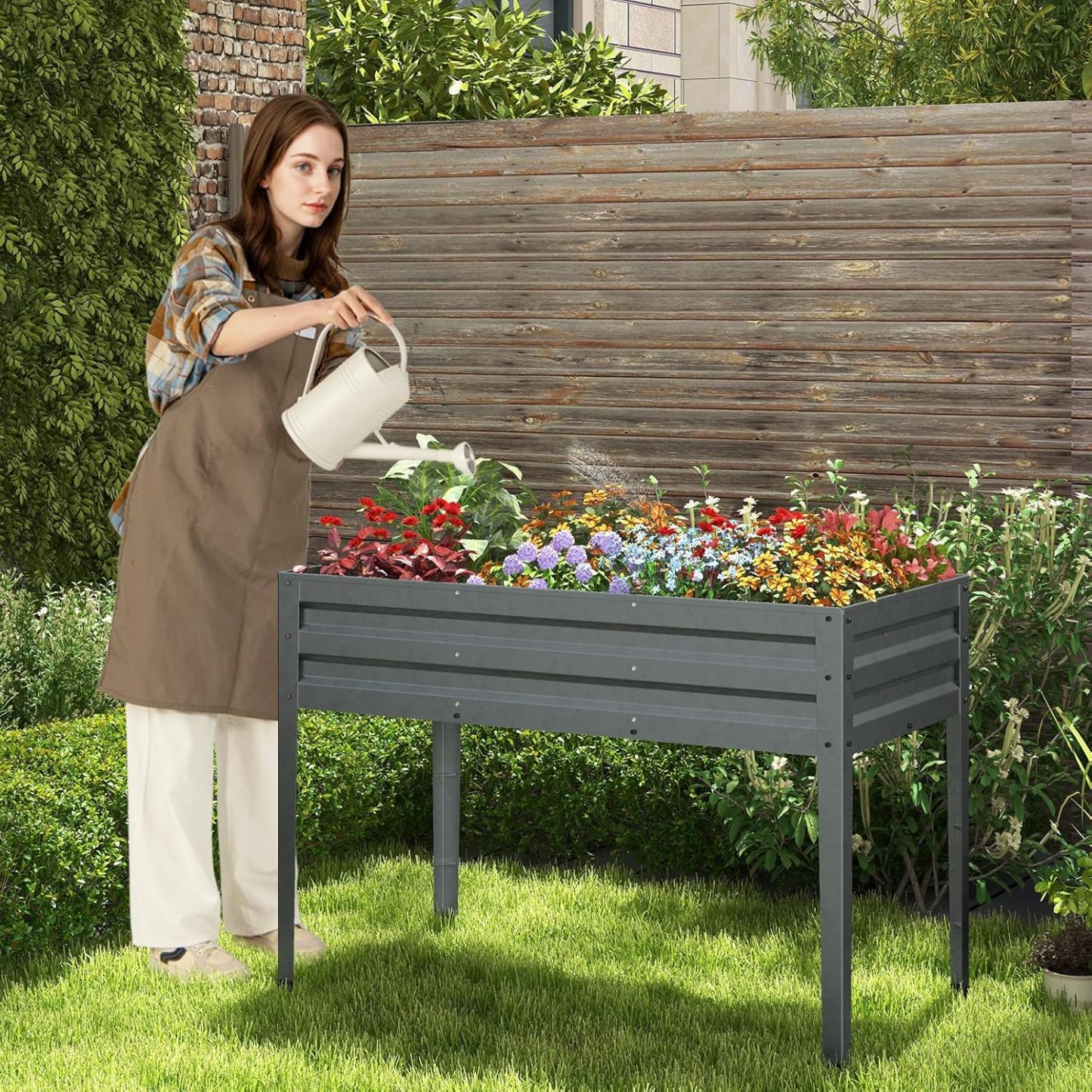 Raised Garden Bed, Freestanding Planter Box w/Drainage Holes, 4 Supporting Legs, 2 Gloves, Galvanized Planting Bed