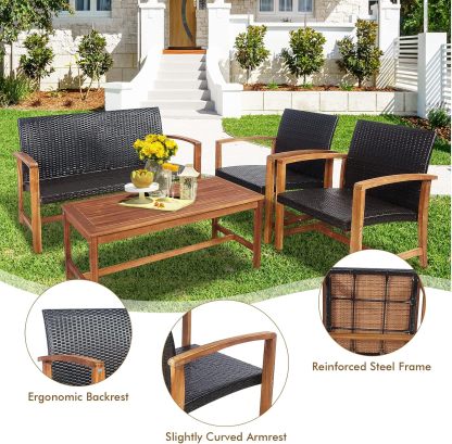 4 Pieces Patio Furniture Set Outdoor Patio Conversation Set with Coffee Table Loveseat Armchairs, Solid Acacia Wood, PE Wicker Surface, Modern Chat Set for Deck Poolside and Backyard