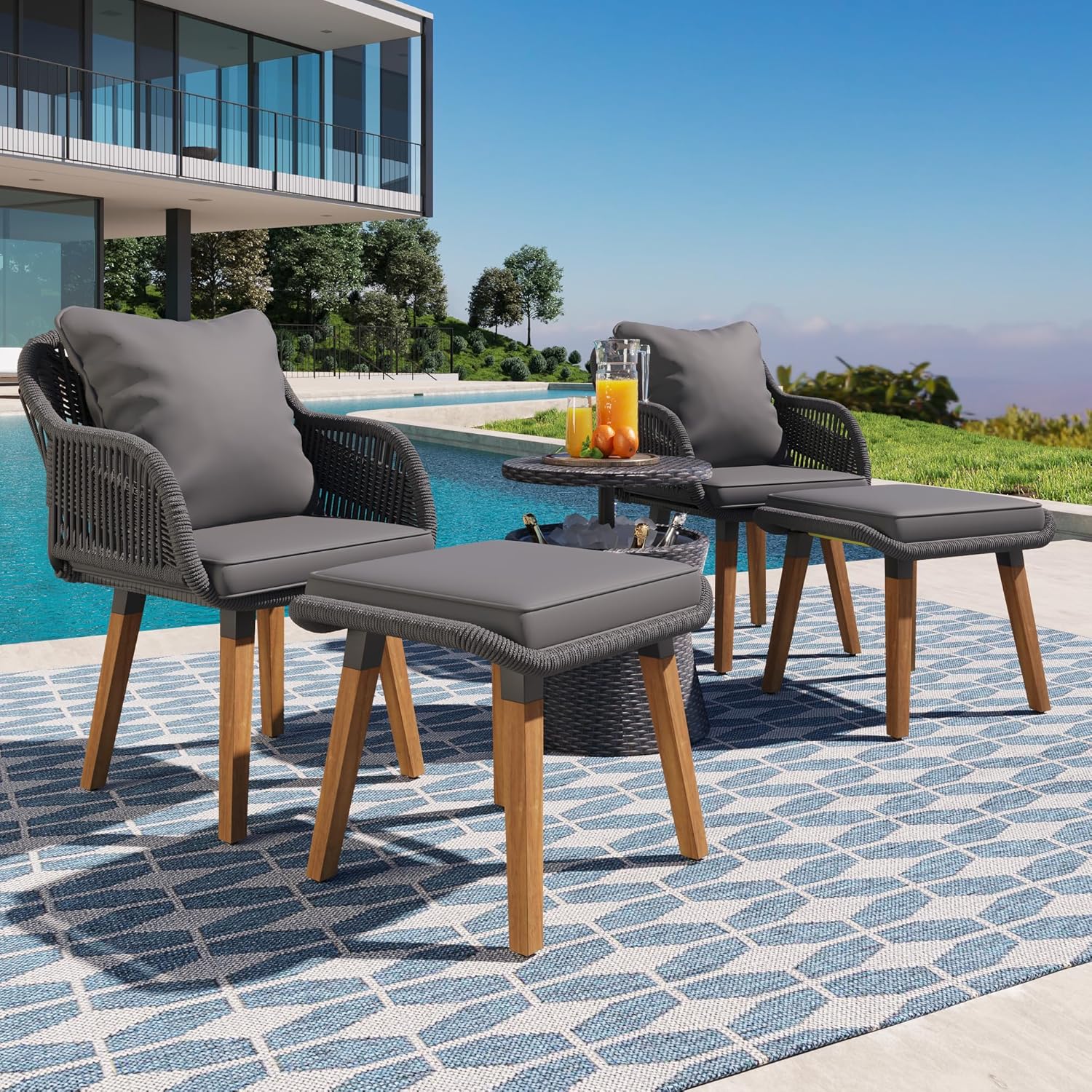 5-Piece Outdoor Patio Furniture Sets - Wicker Chairs and Table Bistro Conversation Furniture Set, Outdoor Conversation Sectional with Ottoman