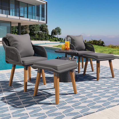 5-Piece Outdoor Patio Furniture Sets - Wicker Chairs and Table Bistro Conversation Furniture Set, Outdoor Conversation Sectional with Ottoman