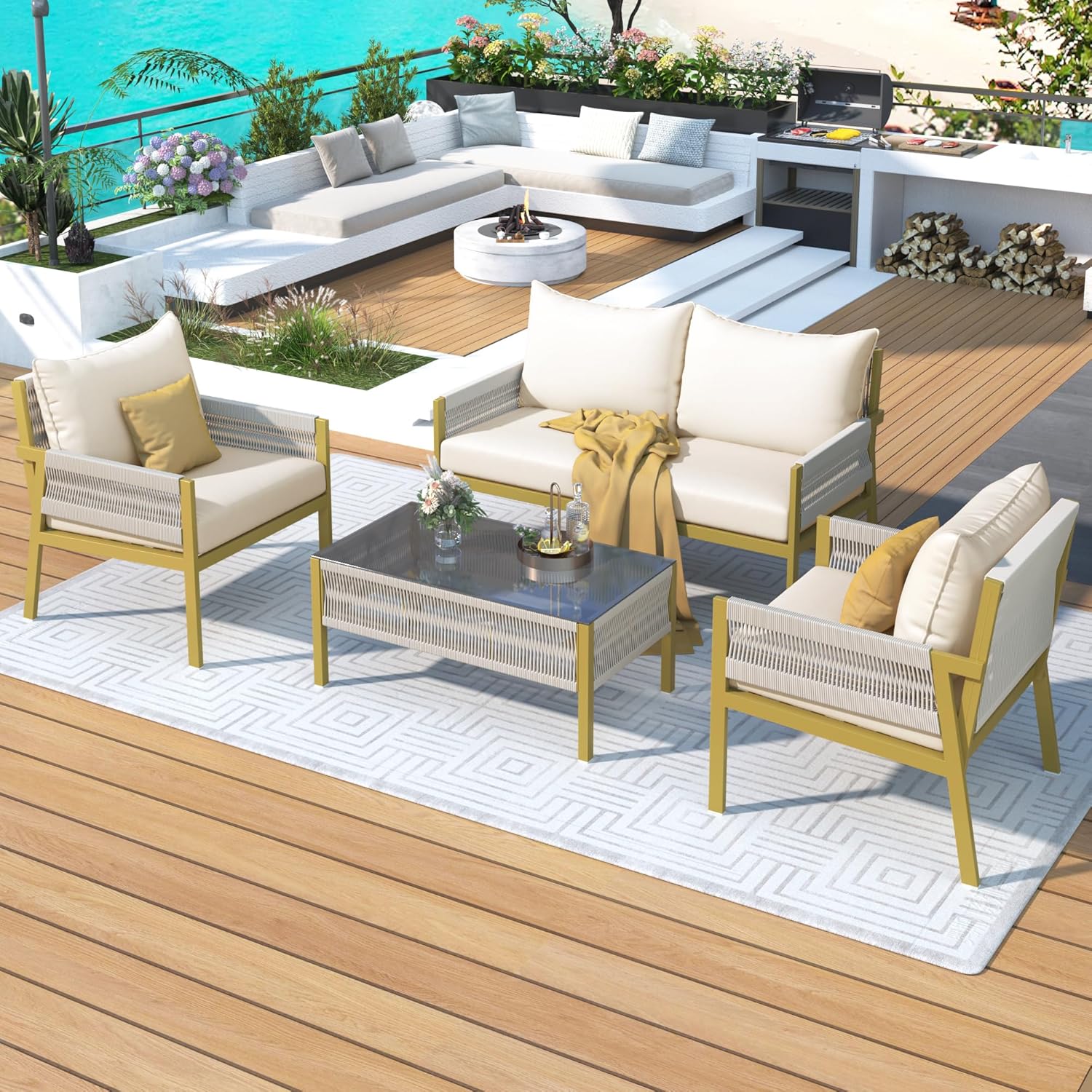4-Piece Outdoor Patio Furniture Set - Outdoor Rope Furniture with Tempered Glass Table, Patio Conversation Set Deep Seating with Thick Cushion