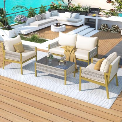4-Piece Outdoor Patio Furniture Set - Outdoor Rope Furniture with Tempered Glass Table, Patio Conversation Set Deep Seating with Thick Cushion