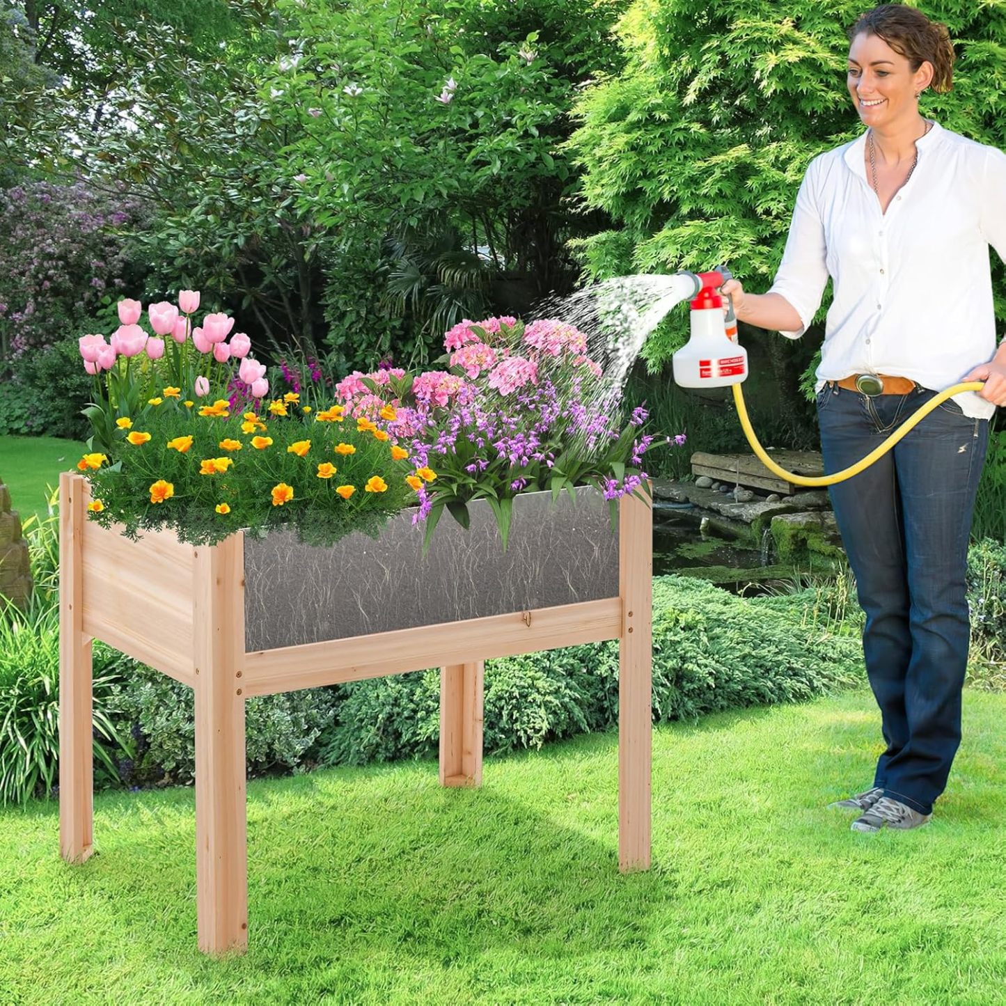 Raised Garden Bed with Legs, 24” Elevated Planter Box with 2 Acrylic Panel Sides, Drain Holes, Movable Beds, Plant Terrarium w/Stand