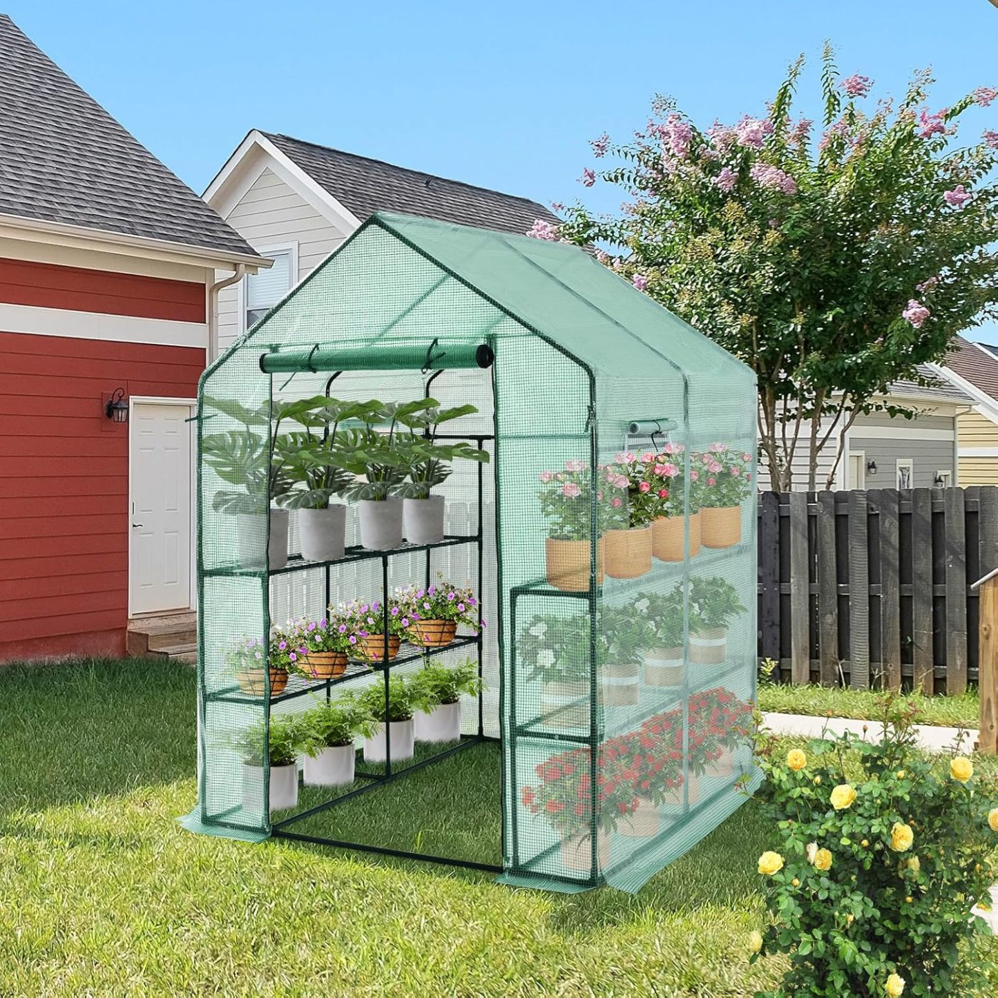 Walk-in Greenhouse, Portable Greenhouses for Outdoors w/8 Shelves, Roll-Up Zippered Door, 2 Observation Windows & 2 Tiers, Weather-Proof PE Cover