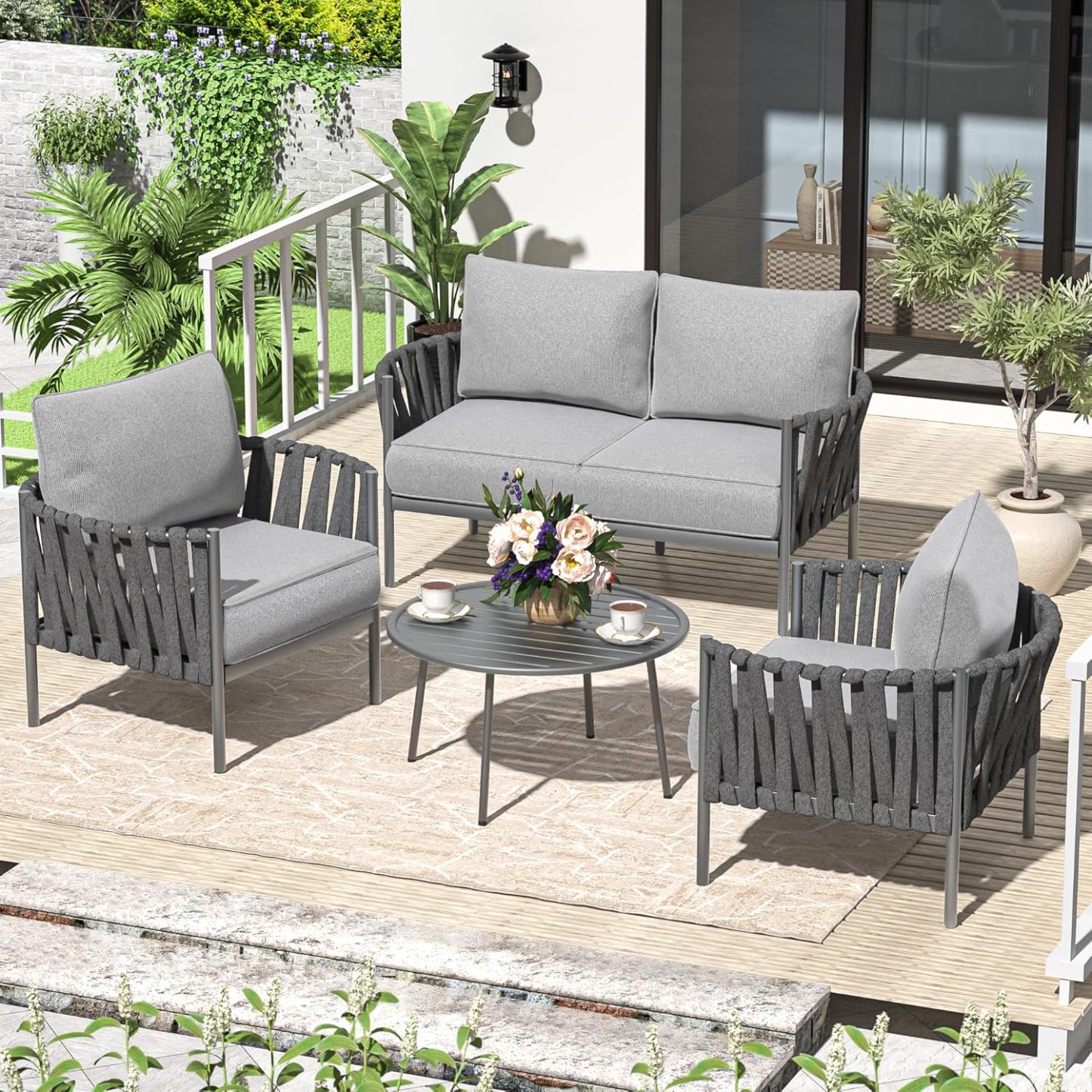 4 Piece Patio Furniture Set, Modern Patio Conversation Set, Outdoor Furniture with Table