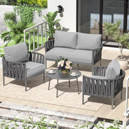 4 Piece Patio Furniture Set, Modern Patio Conversation Set, Outdoor Furniture with Table