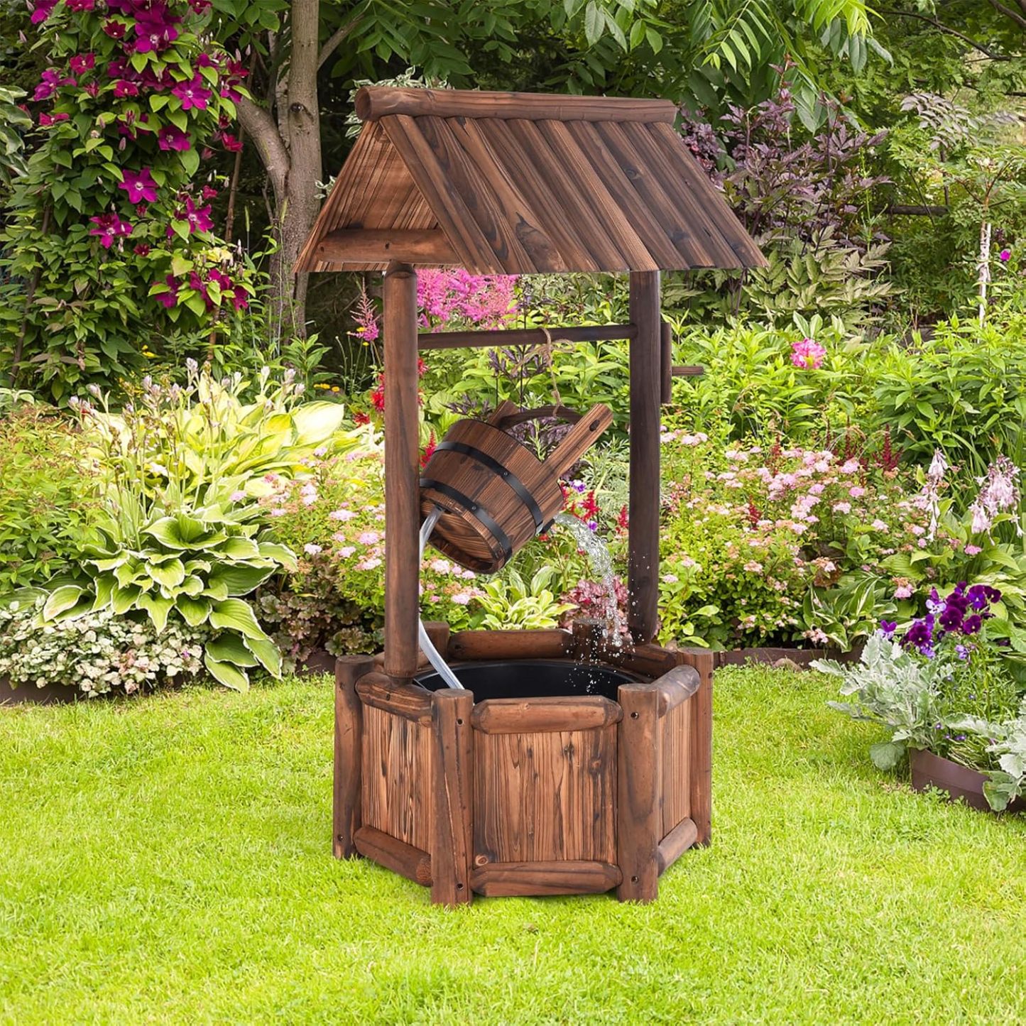 Outdoor Wishing Well Water Fountain, Old-Fashioned Wood Waterfall Fountain with Bucket Pump