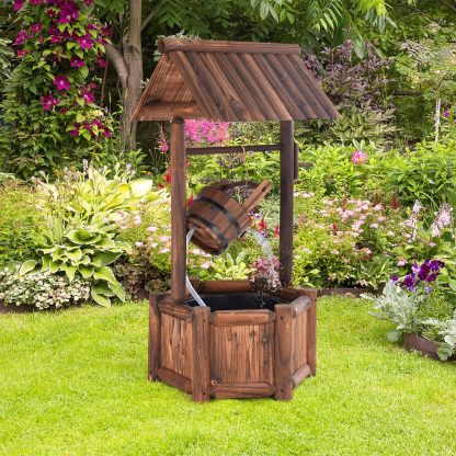 Outdoor Wishing Well Water Fountain, Old-Fashioned Wood Waterfall Fountain with Bucket Pump