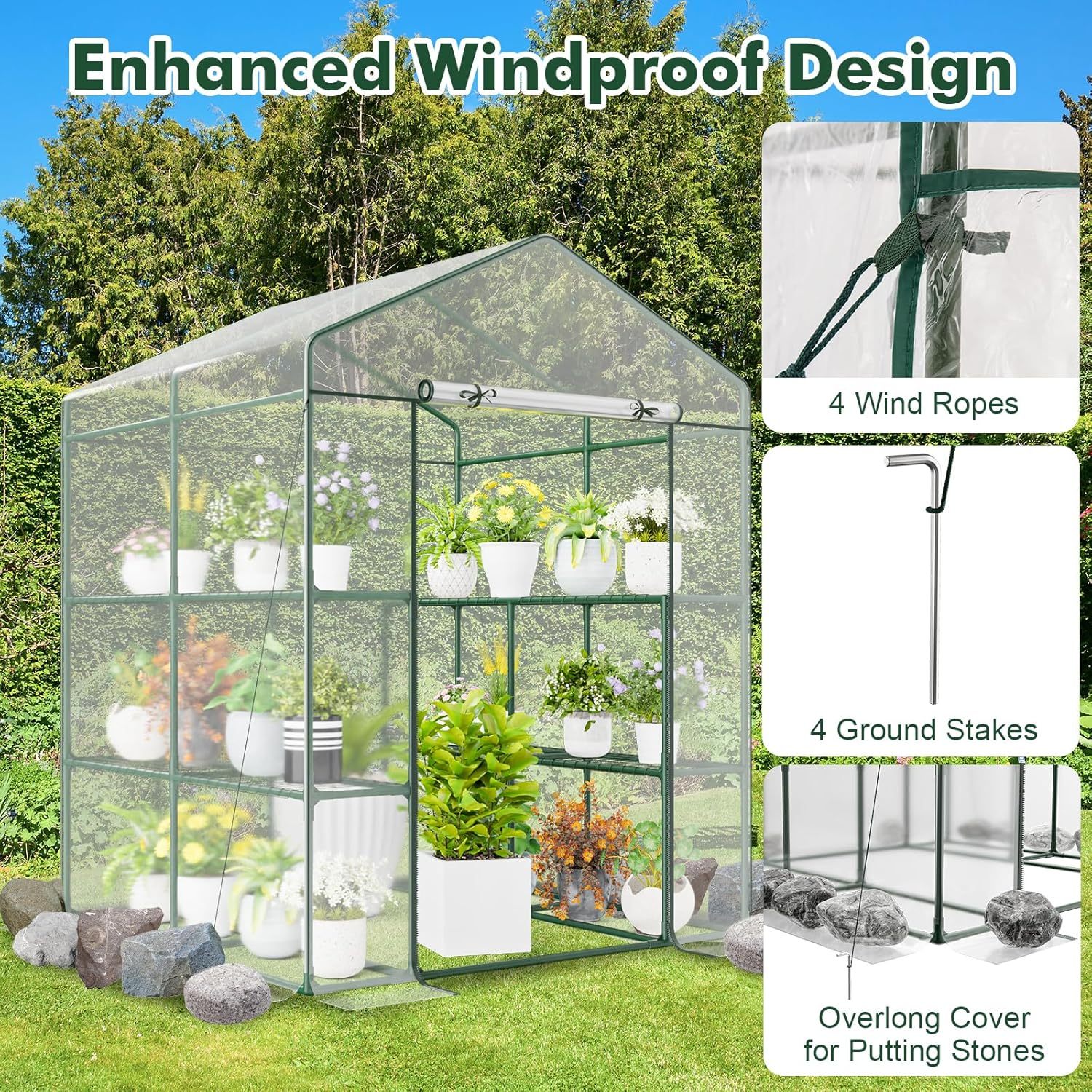 Walk-in Greenhouse, Winter Hot House w/4 Tiers, 8 Shelves, Roll-up Zippered Door, Waterproof PVC Film, Portable Greenhouses for Outdoors for Potted Plants