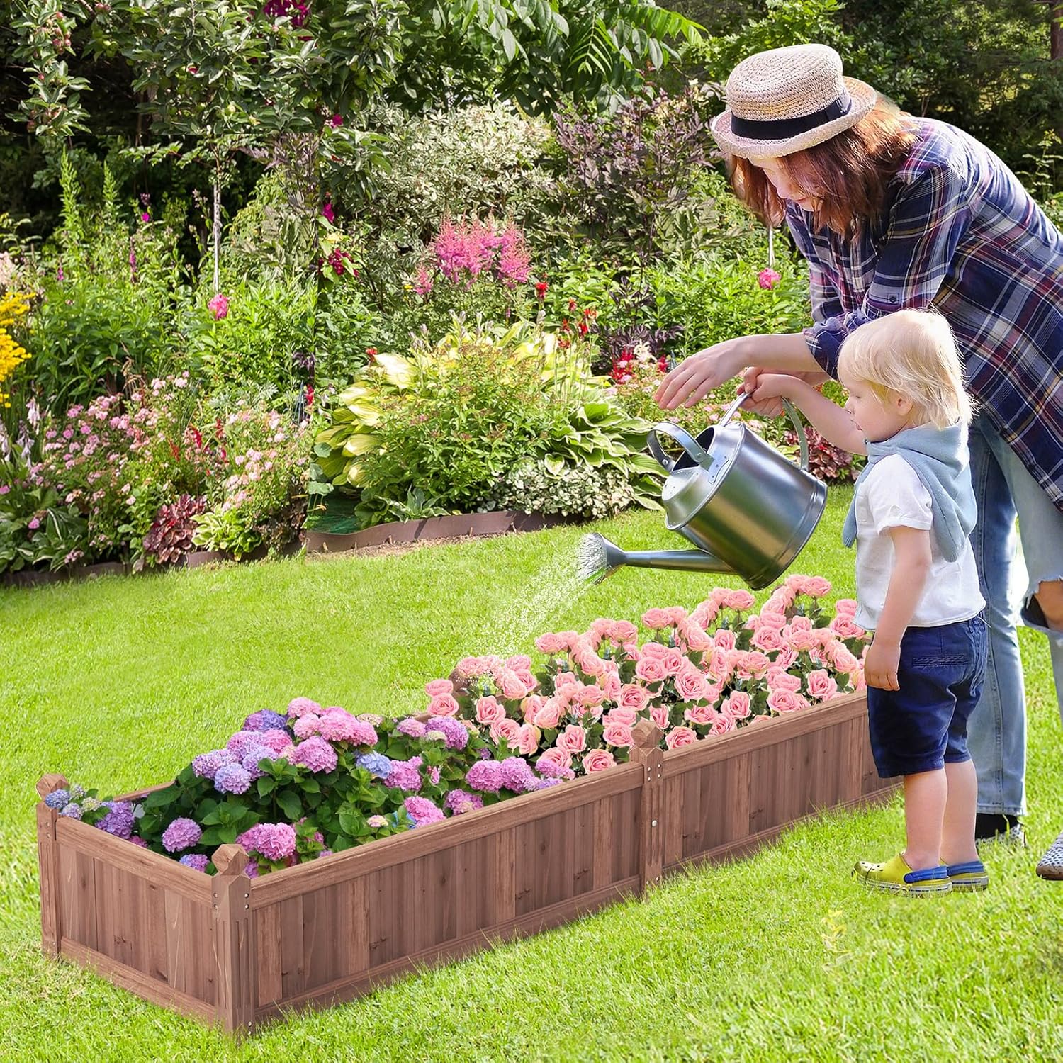 Raised Garden Bed, 91" x 24" x 16" Wood Plant Container with Drain Holes, Liner, Durable Outdoor Patio Planter Box for Flowers, Vegetables, Herbs, Fruits