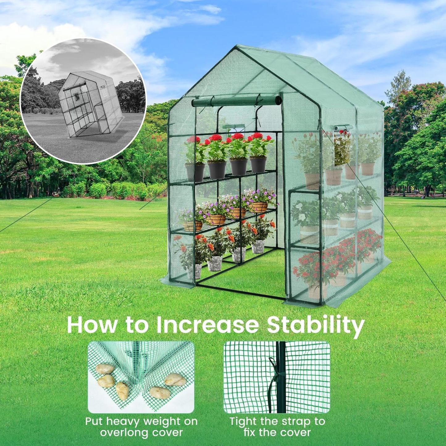 Walk-in Greenhouse, Portable Greenhouses for Outdoors w/8 Shelves, Roll-Up Zippered Door, 2 Observation Windows & 2 Tiers, Weather-Proof PE Cover