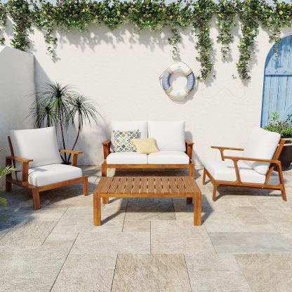 4-Pieces Acacia Wood Patio Furniture Set, All-Weather Sectional Sofa Set w/ 2 Chairs, Loveseat & Coffee Table