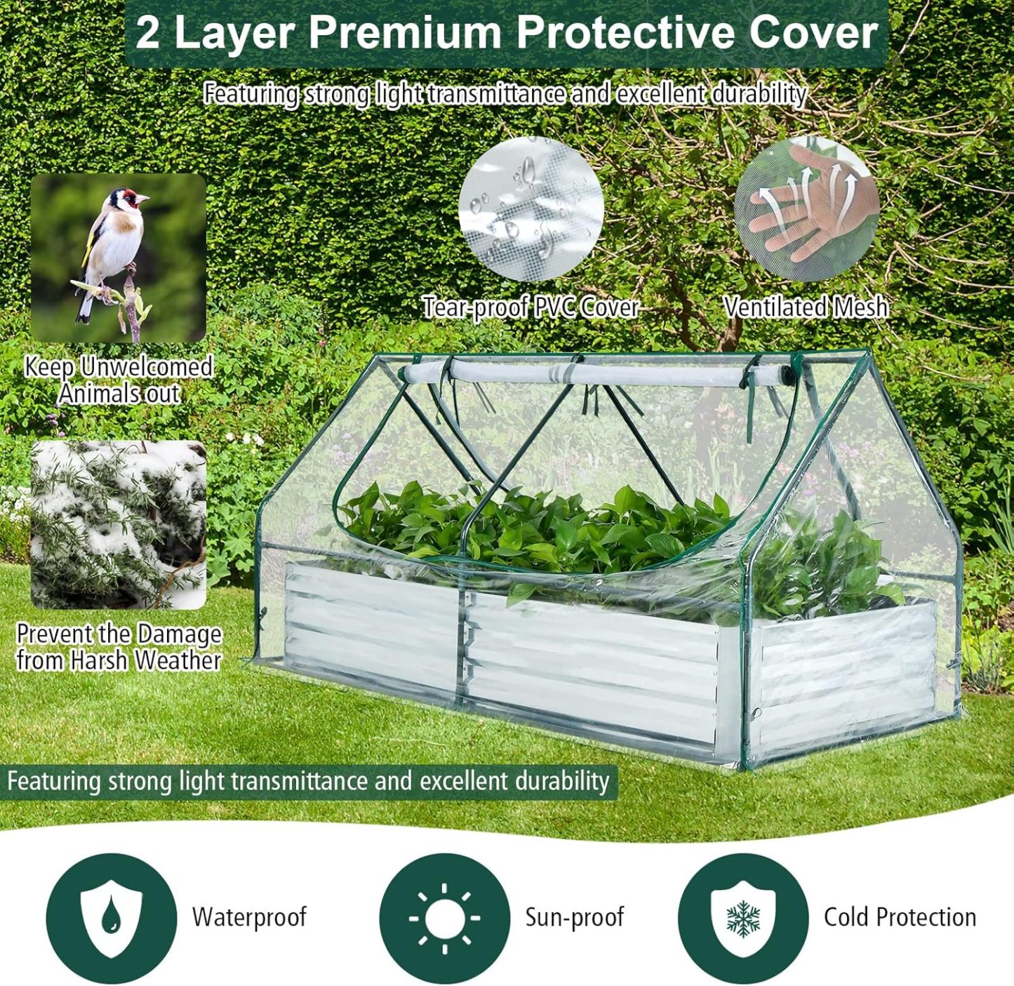 Raised Garden Bed with Cover, Outdoor Raised Planter Box Kit w/2 Large Zipper Mesh Screen Windows, Galvanized Metal Raised Bed Greenhouse for Gardening, Flowers, Vegetables (Silver)