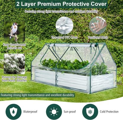 Raised Garden Bed with Cover, Outdoor Raised Planter Box Kit w/2 Large Zipper Mesh Screen Windows, Galvanized Metal Raised Bed Greenhouse for Gardening, Flowers, Vegetables (Silver)