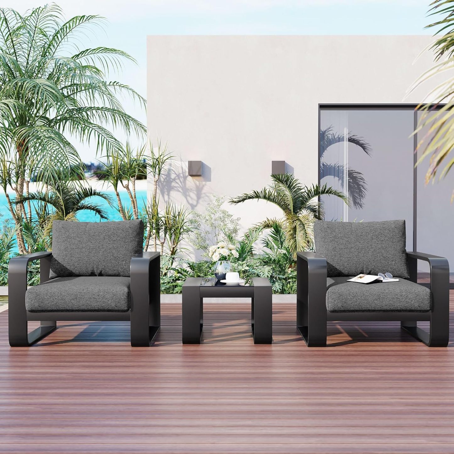 3 Pieces Outdoor Patio Furniture with Aluminum Frame Finest Teak Wood Armrest Thick Cushion Sofa and Table, Modern Patio Conversation Set