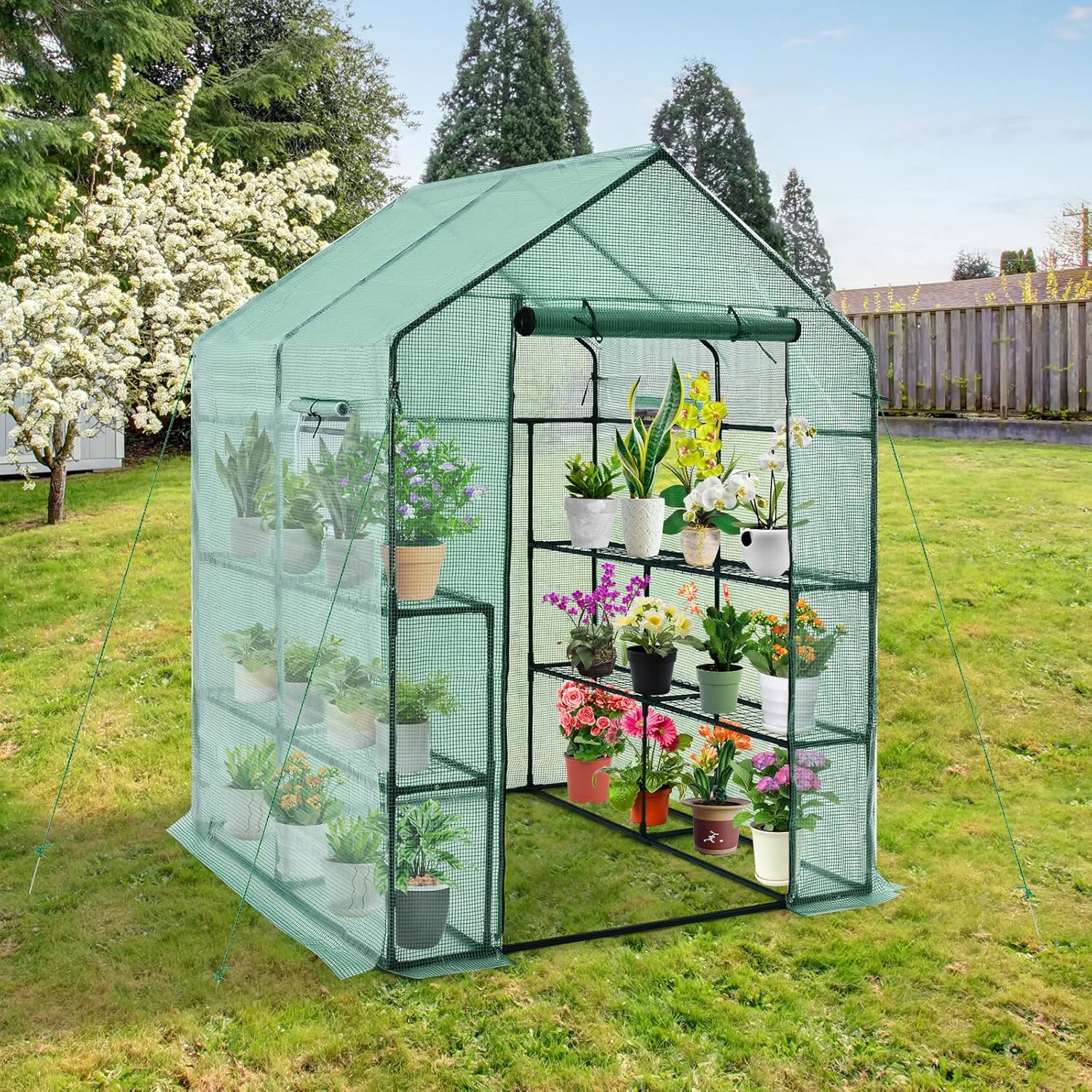 Walk-in Greenhouse, Portable Greenhouses for Outdoors w/8 Shelves, Roll-Up Zippered Door, 2 Observation Windows & 2 Tiers, Weather-Proof PE Cover