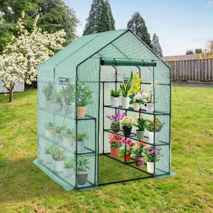 Walk-in Greenhouse, Portable Greenhouses for Outdoors w/8 Shelves, Roll-Up Zippered Door, 2 Observation Windows & 2 Tiers, Weather-Proof PE Cover