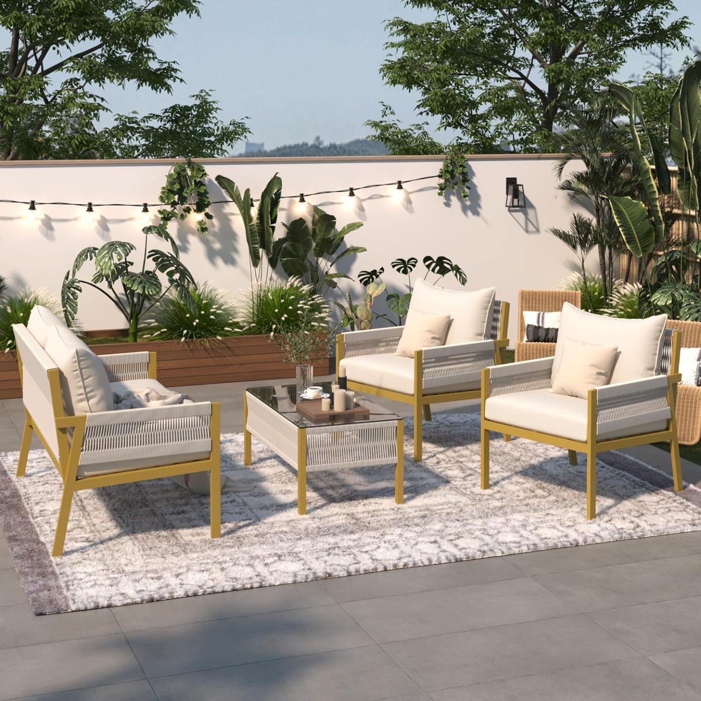 4-Piece Outdoor Patio Furniture Set - Outdoor Rope Furniture with Tempered Glass Table, Patio Conversation Set Deep Seating with Thick Cushion