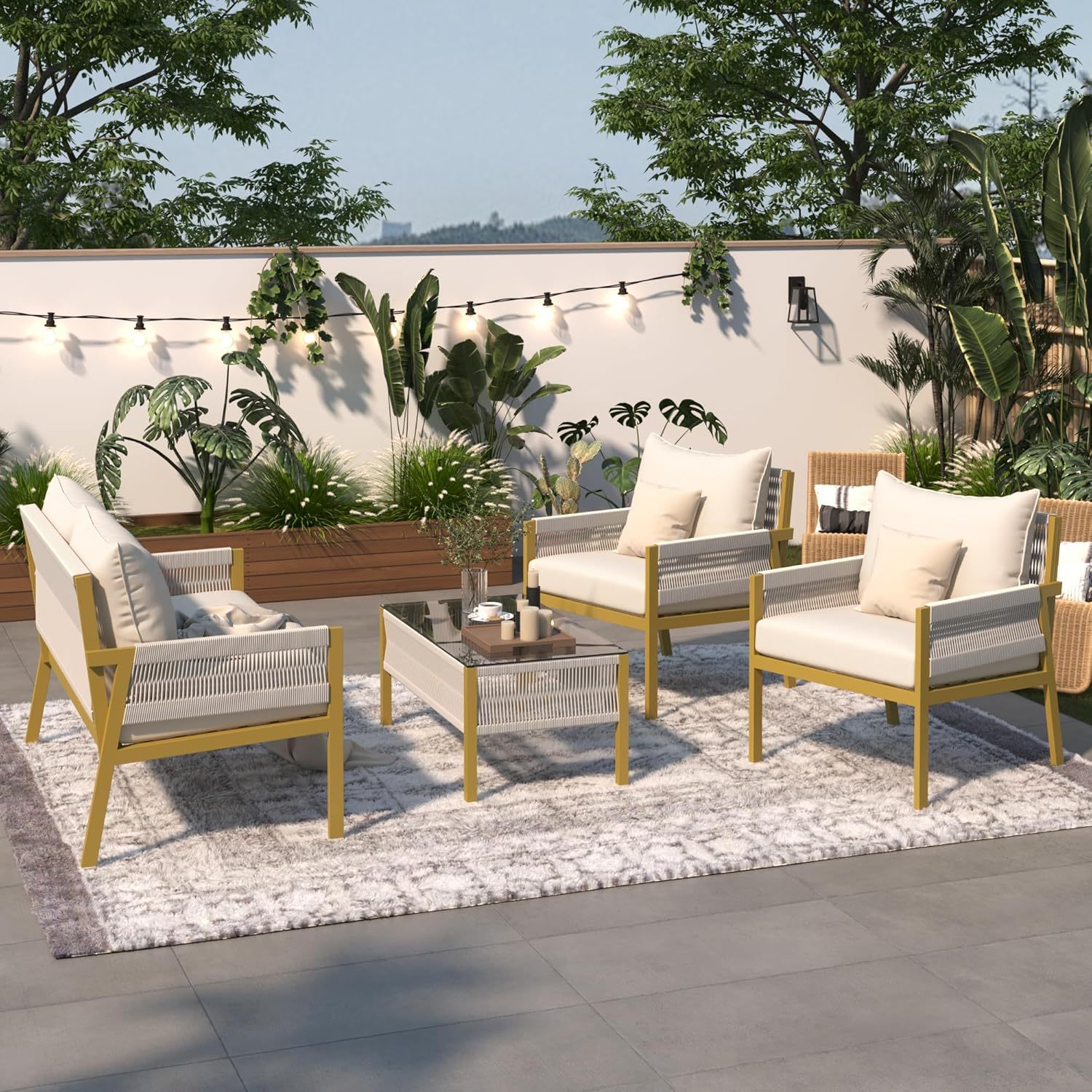 4-Piece Outdoor Patio Furniture Set - Outdoor Rope Furniture with Tempered Glass Table, Patio Conversation Set Deep Seating with Thick Cushion