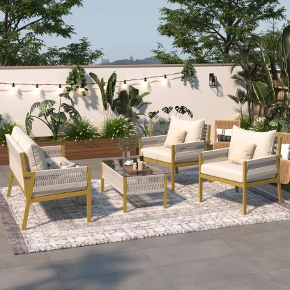 4-Piece Outdoor Patio Furniture Set - Outdoor Rope Furniture with Tempered Glass Table, Patio Conversation Set Deep Seating with Thick Cushion